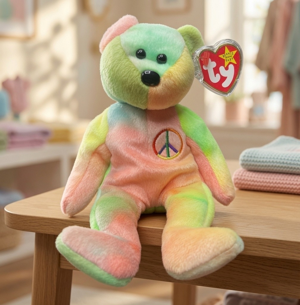 TY Beanie Baby Peace Bear Neon Color Blocks 1996 Collectible Stuffed Toy NWT